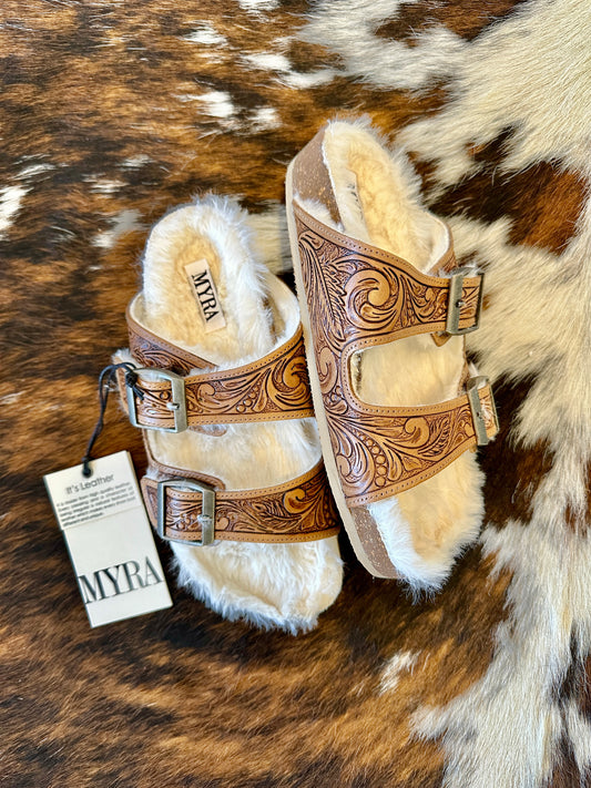 MYRA Tooled Leather Fur Sandals