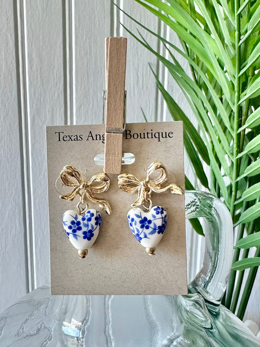 Blue Willow Gold Bow Heart Earrings