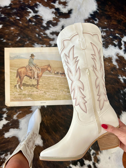 Buckle Bunny White Embroidered Boots