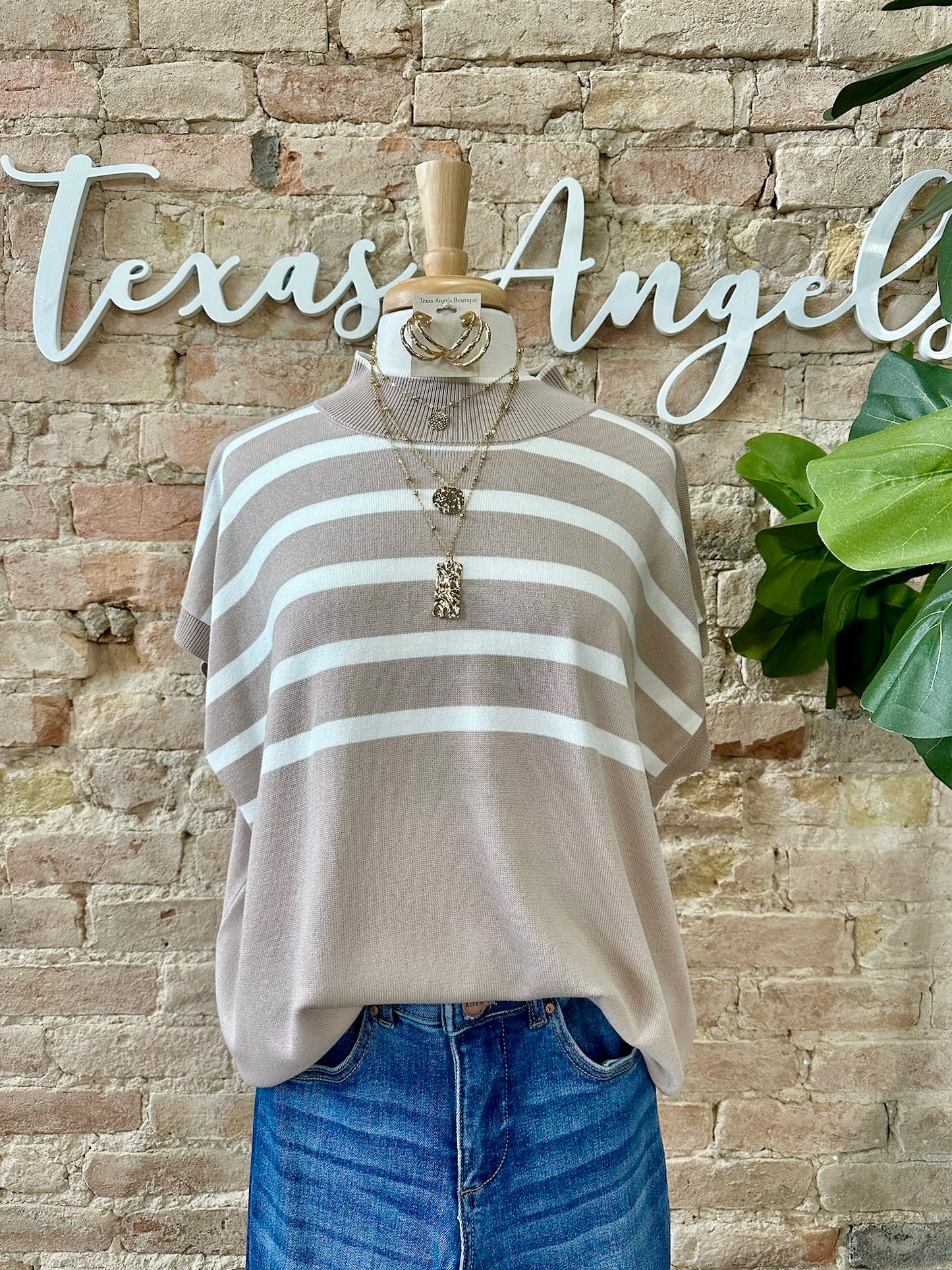 By The Shore Taupe Striped Blouse