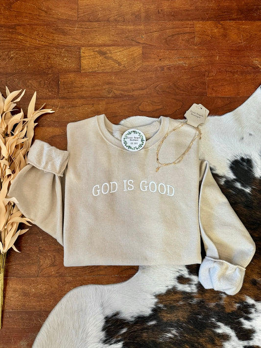 RESTOCK Taupe God Is Good Sweatshirt