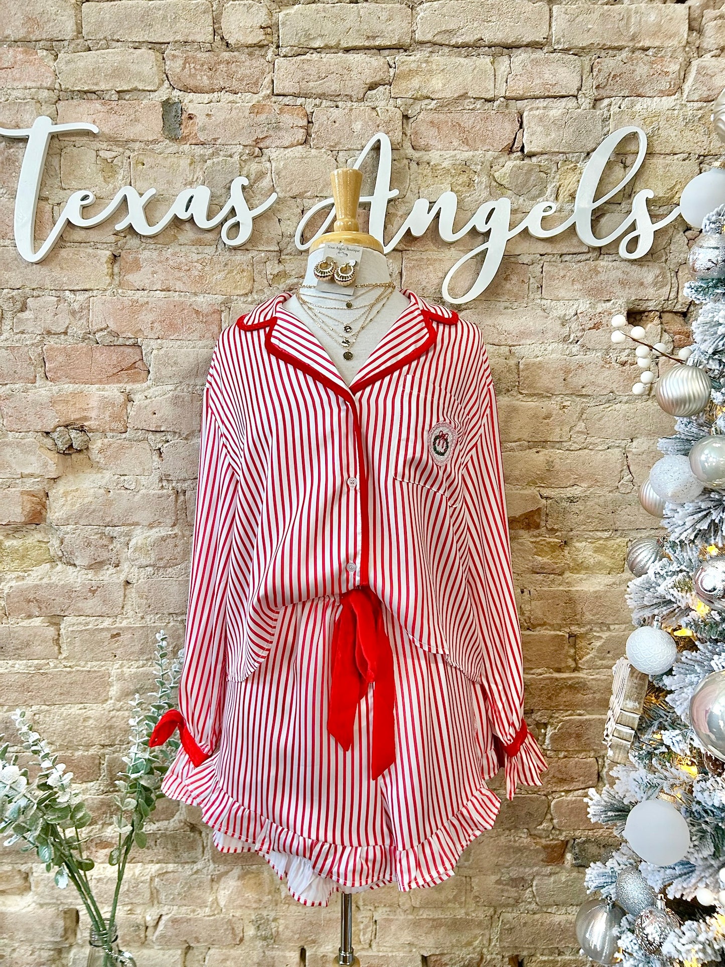 Ready For Santa Red Striped Satin Christmas PJ Set