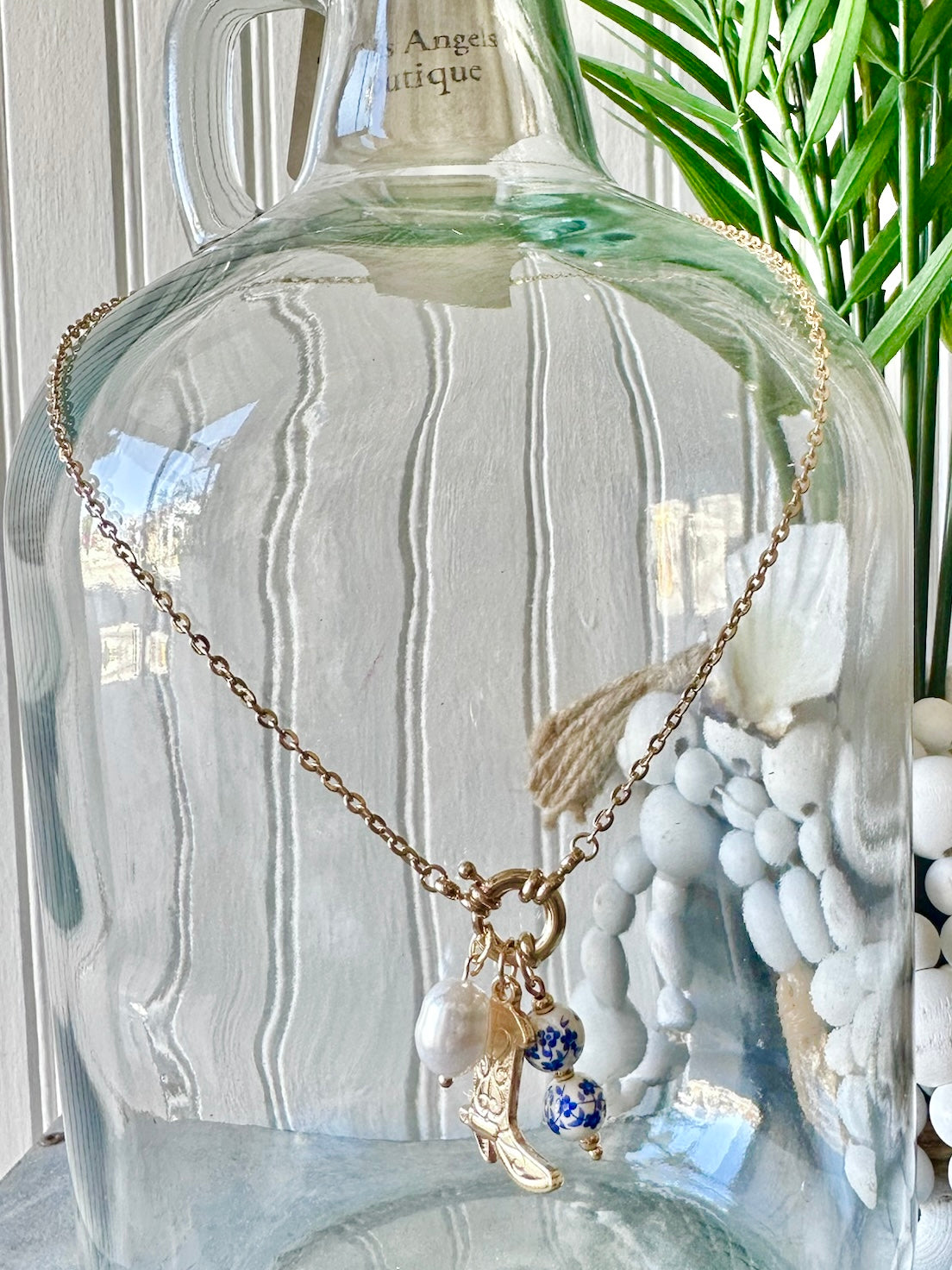 Blue Willow Gold Boot Necklace