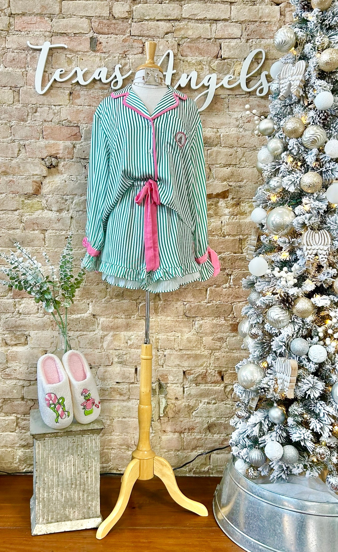 Gift Me Up Green Striped Satin Christmas PJ Set