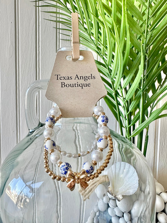 Blue Willow Gold Bow Pearl Bracelet Set