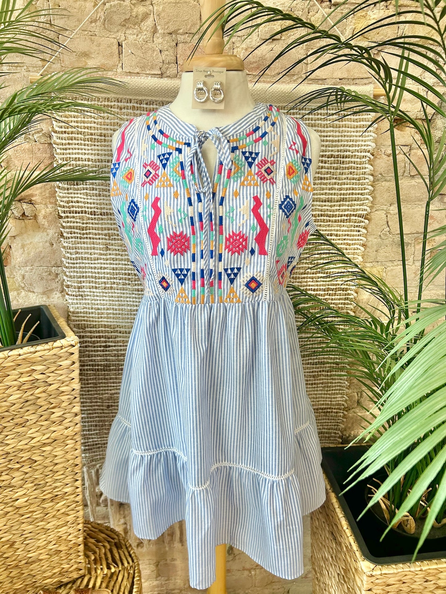 Happily Ever After Blue Striped Embroidered Dress