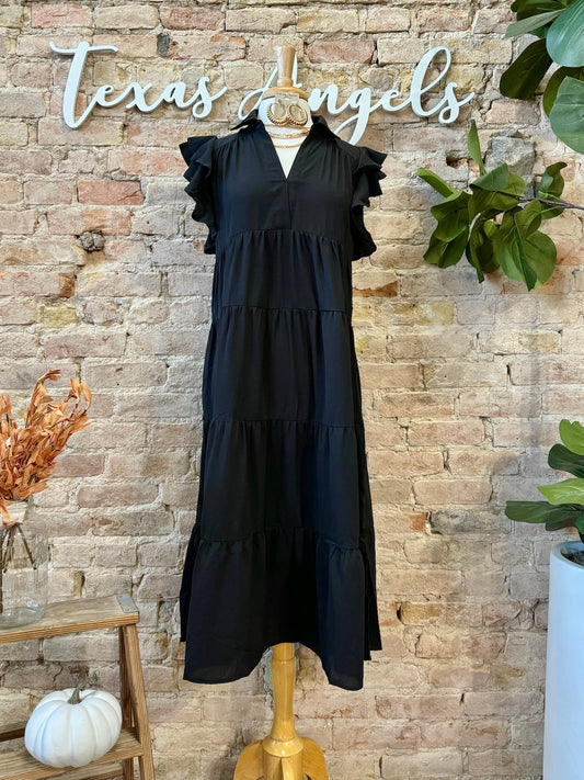 Rarely Ever Black Ruffle Mid Maxi