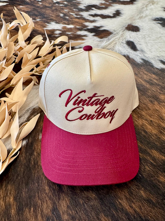 Vintage Cowboy Burgundy Embroidered Trucker Hat