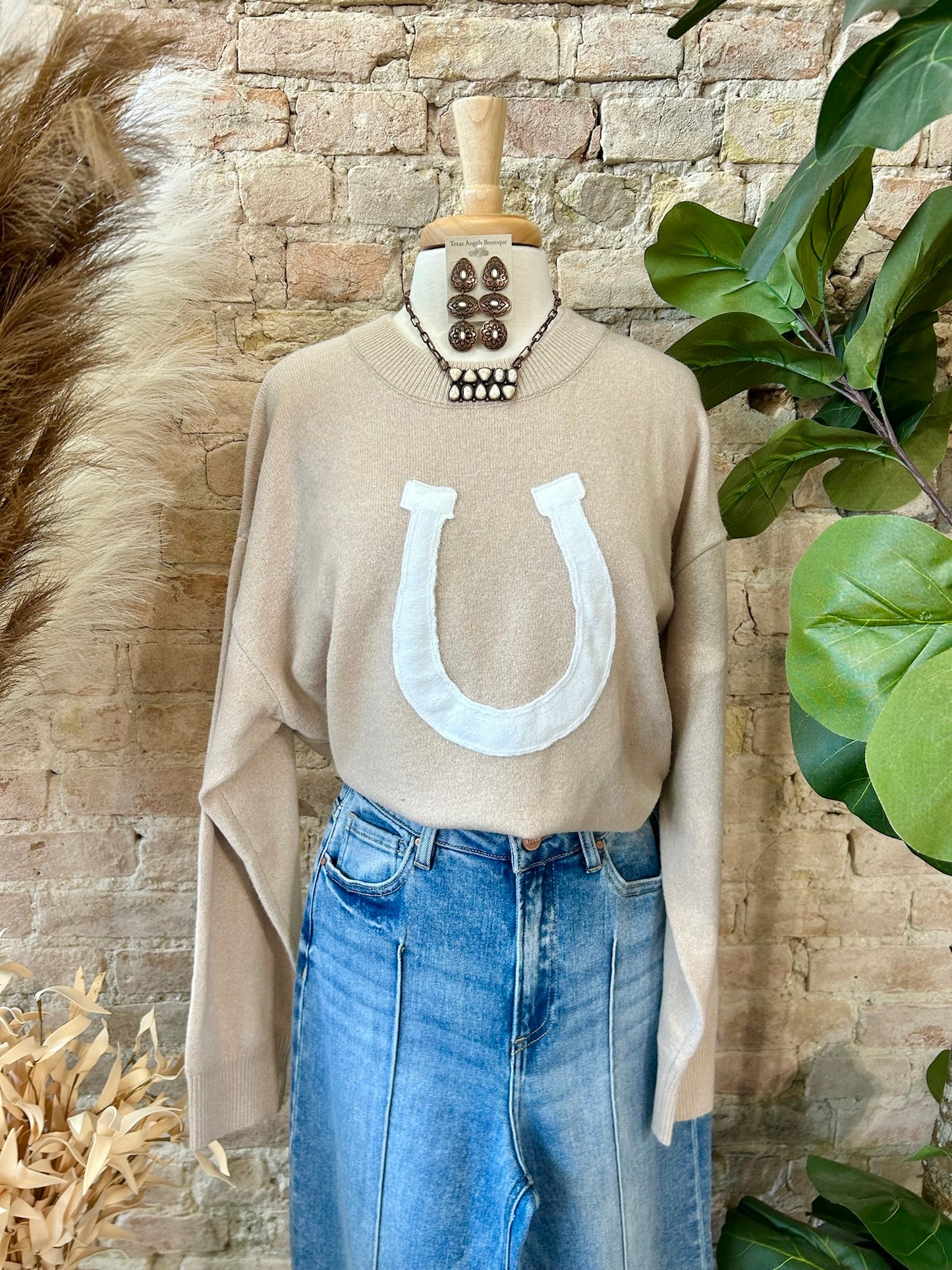 Bareback Rider Beige Horseshoe Sweater
