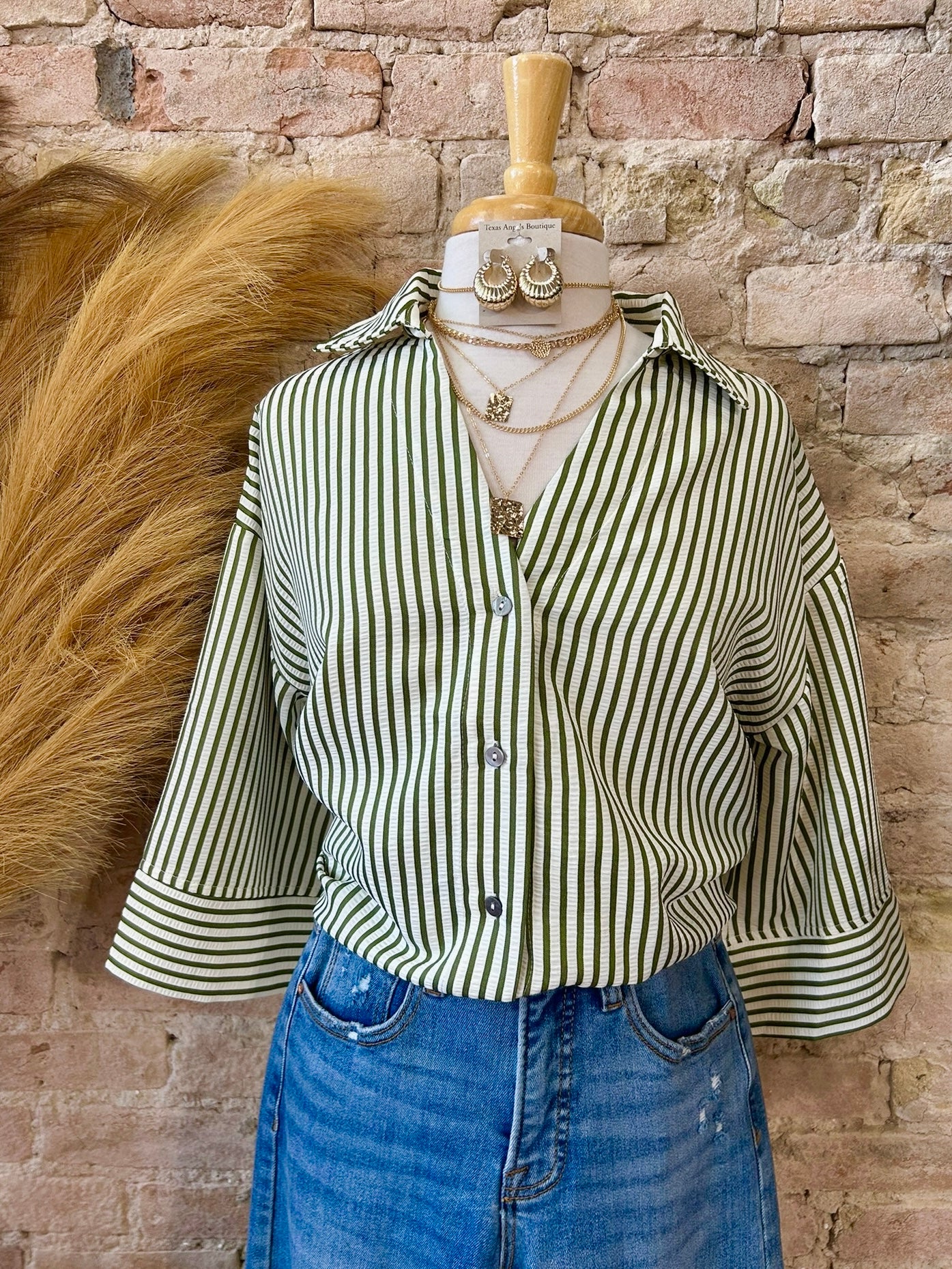 Bonfires & S'Mores Season Olive Striped Blouse