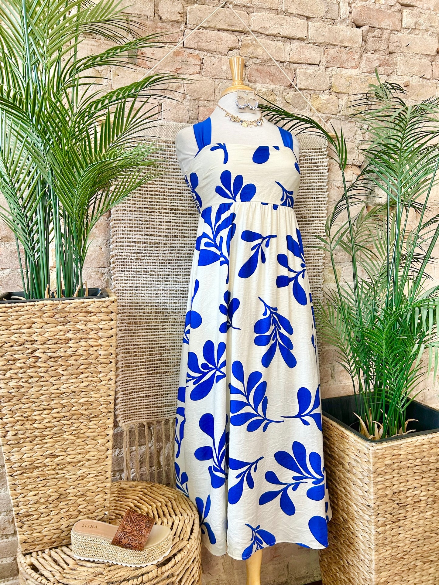 50% Off - Radiant Royal Blue Leaf Maxi Dress