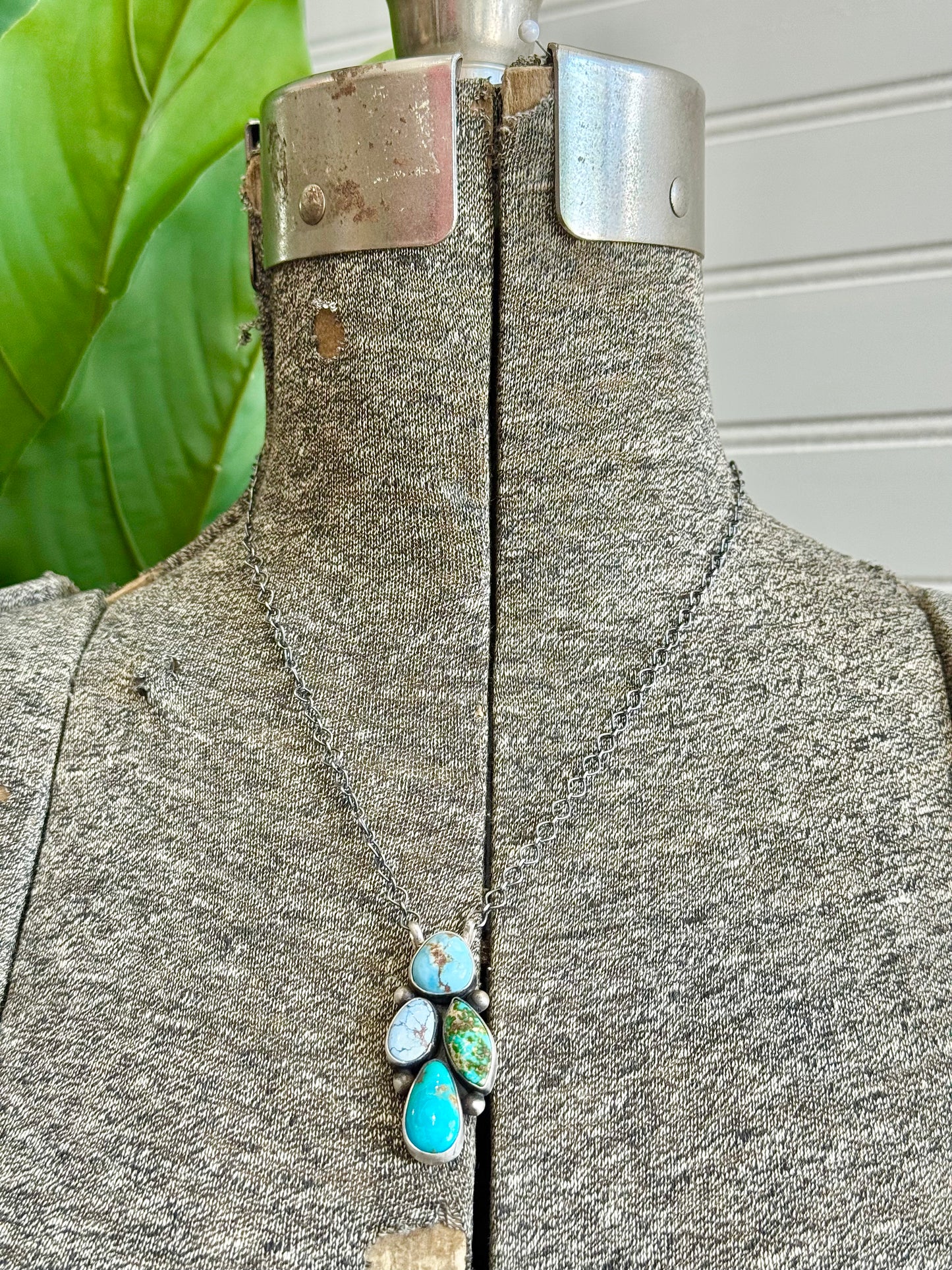 Native Navajo Handmade Sterling Silver Mixed Turquoise Cluster Necklace
