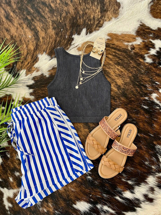 Sure Of It Blue Striped Shorts