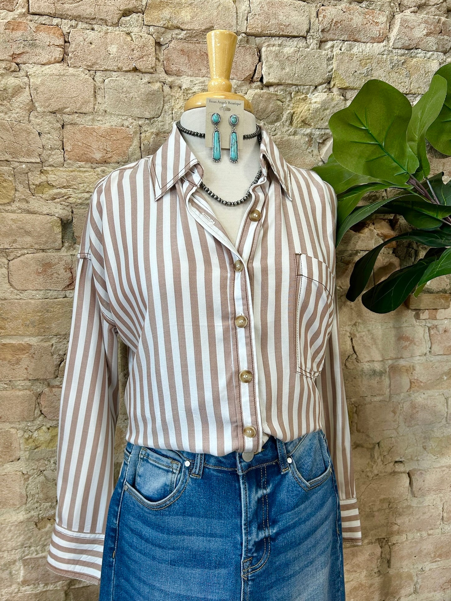 Slow And Steady Taupe Striped Top