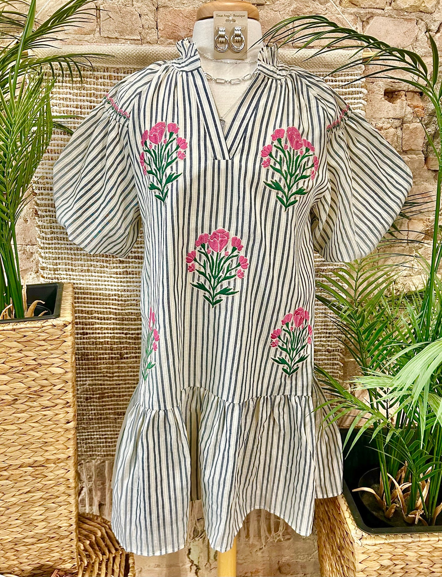 Watching The Seagulls Striped Embroidered Dress