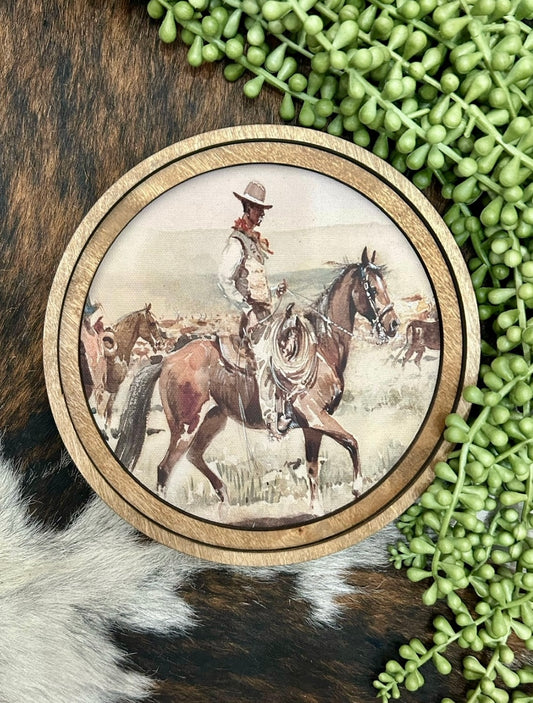 Round Vintage Cowboy Canvas Decor
