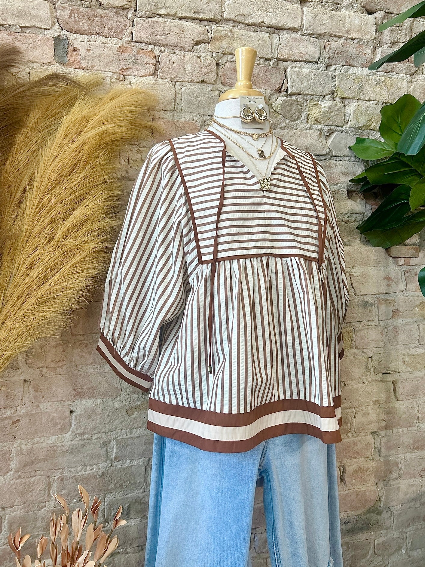 Falling Into Place Brown Striped Blouse