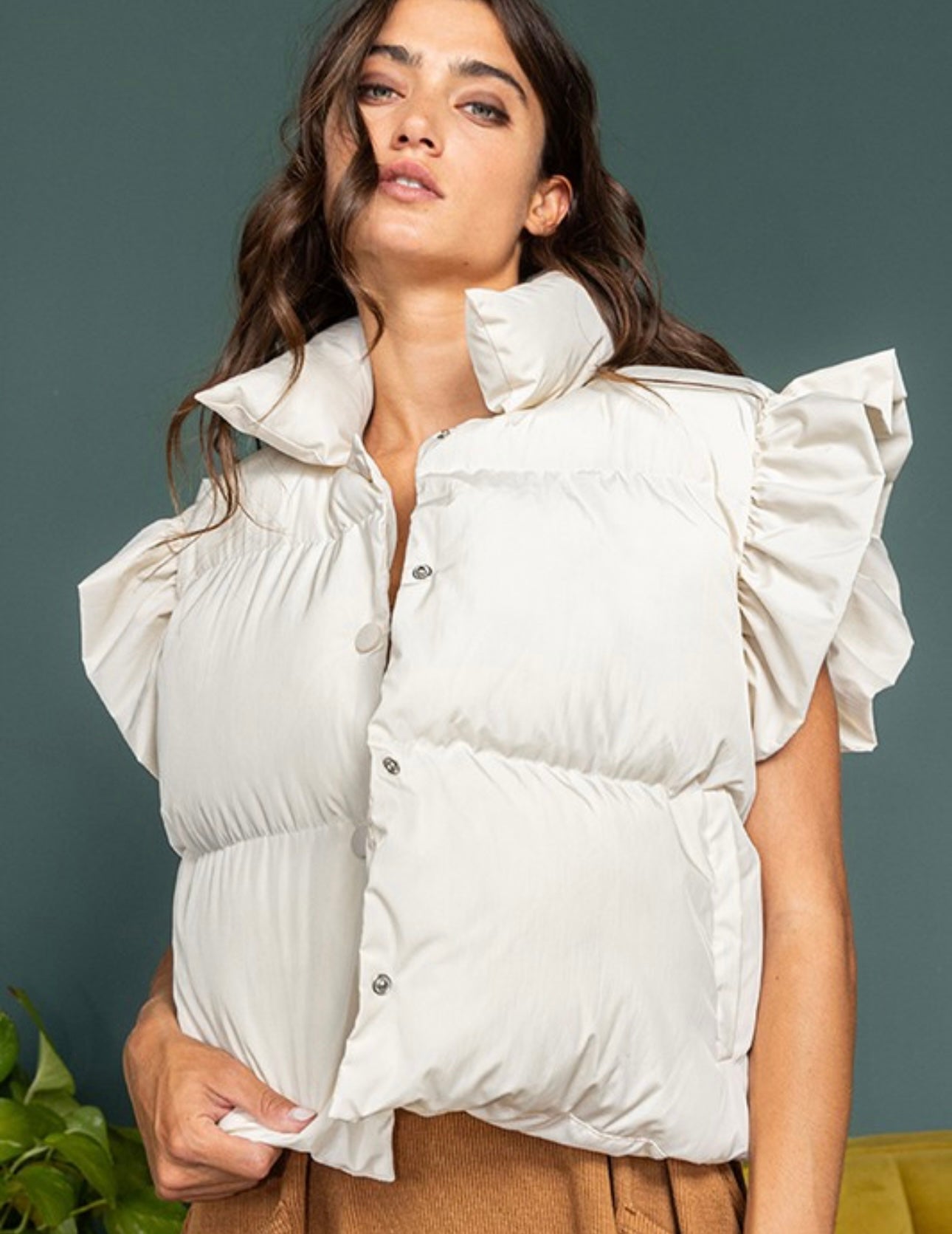 Rose Peddles Ruffle Sleeve Cream Puffer Vest