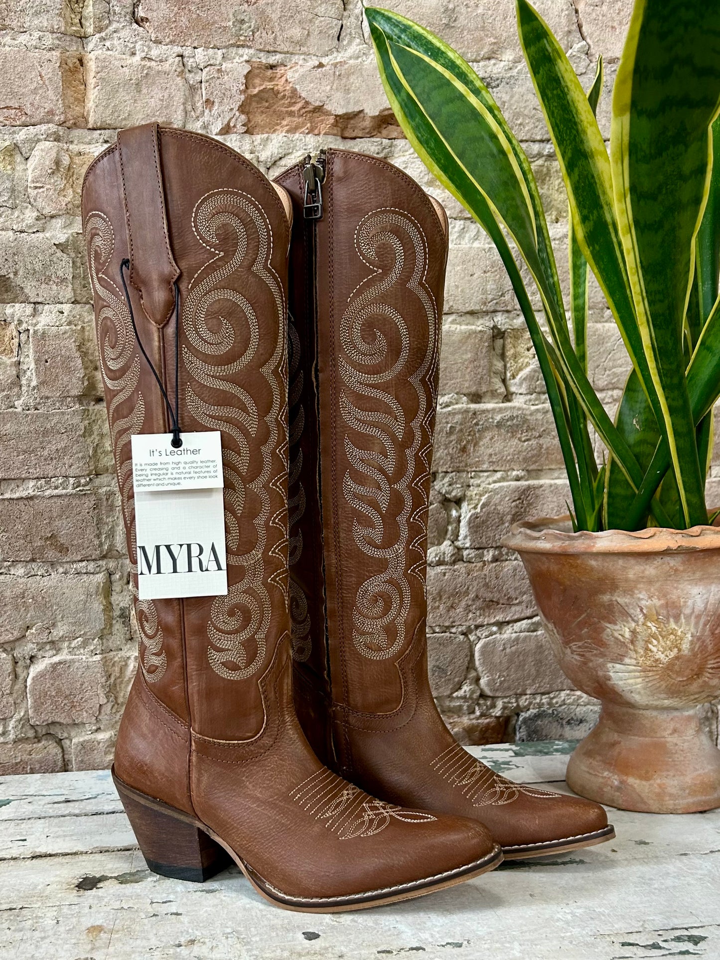 MYRA Brown Embroidered Leather Boots