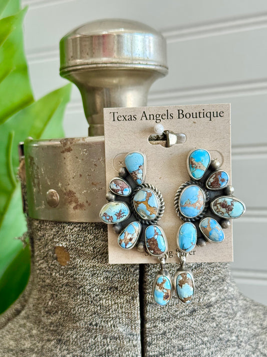 Navajo Handmade Sterling Silver Golden Hills Turquoise Half Cluster Earrings