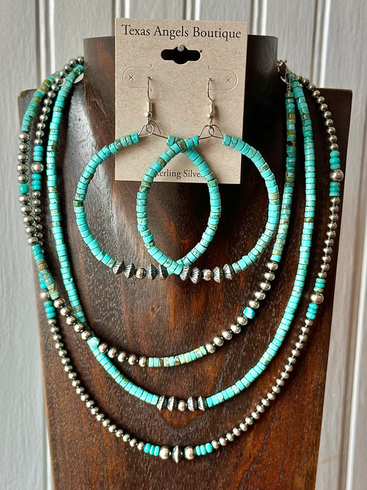 Sterling Silver Navajo Pearls & Genuine Turquoise Necklace