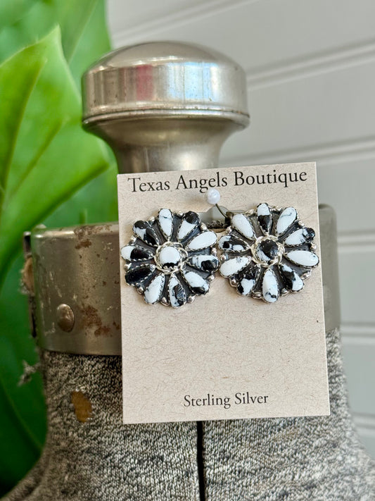 Native Navajo Handmade Sterling Silver White Buffalo Cluster Stud Earrings