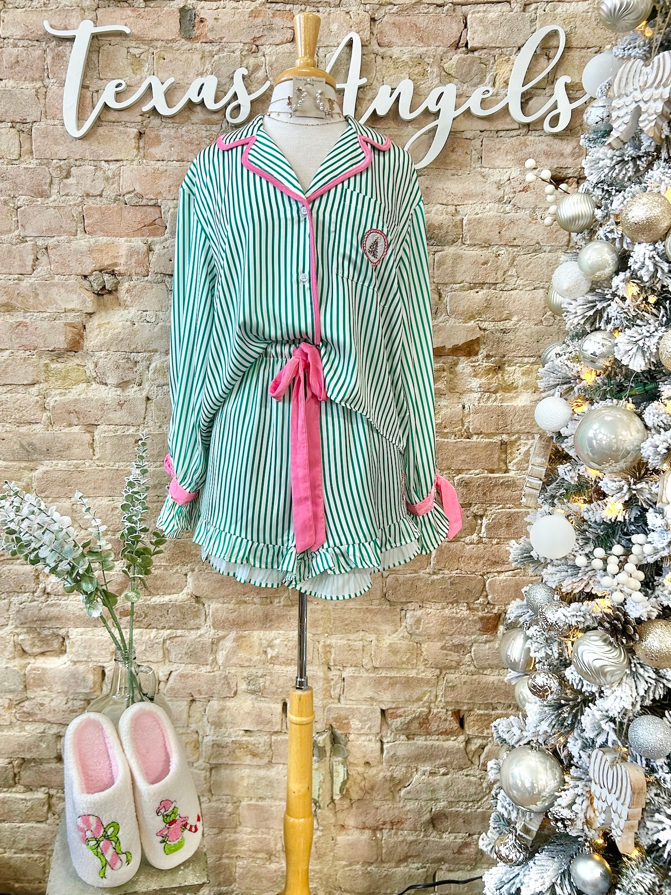 Gift Me Up Green Striped Satin Christmas PJ Set