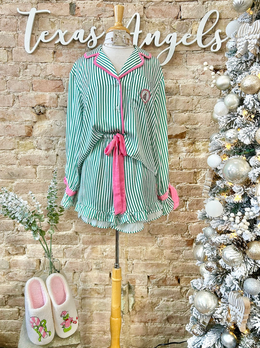 Gift Me Up Green Striped Satin Christmas PJ Set
