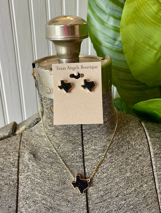 Gold/Black Druzy Texas Necklace & Earrings