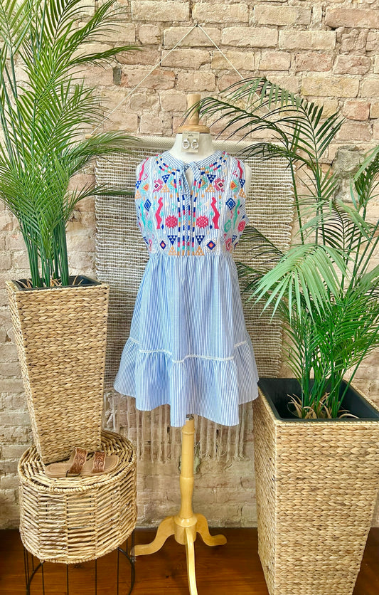 Happily Ever After Blue Striped Embroidered Dress