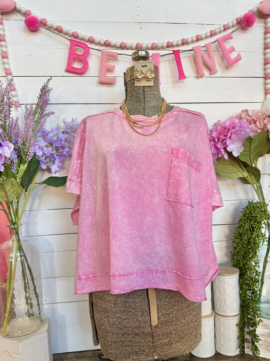 True Love Pink Acid Wash Top