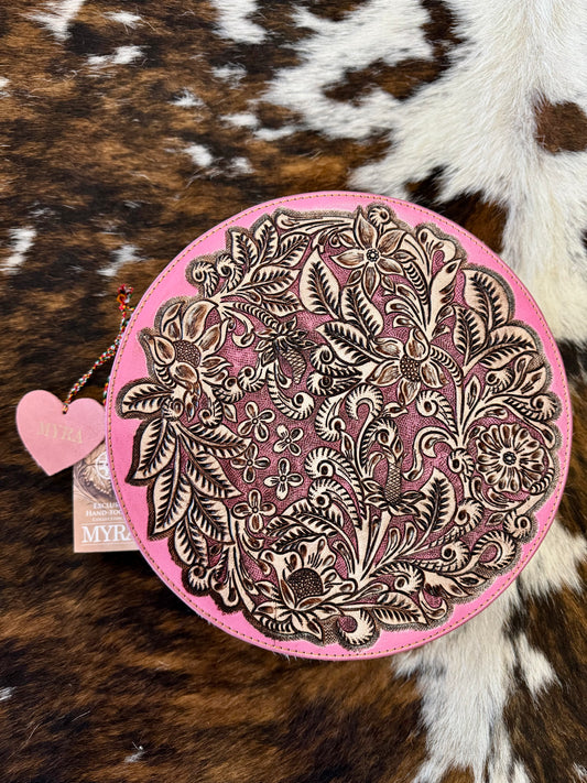 MYRA Circle Tooled Leather Pink Jewelry Box