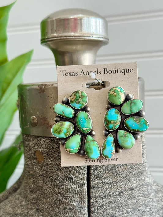 Navajo Handmade Sterling Silver Sonoran Gold Turquoise Half Cluster Earrings