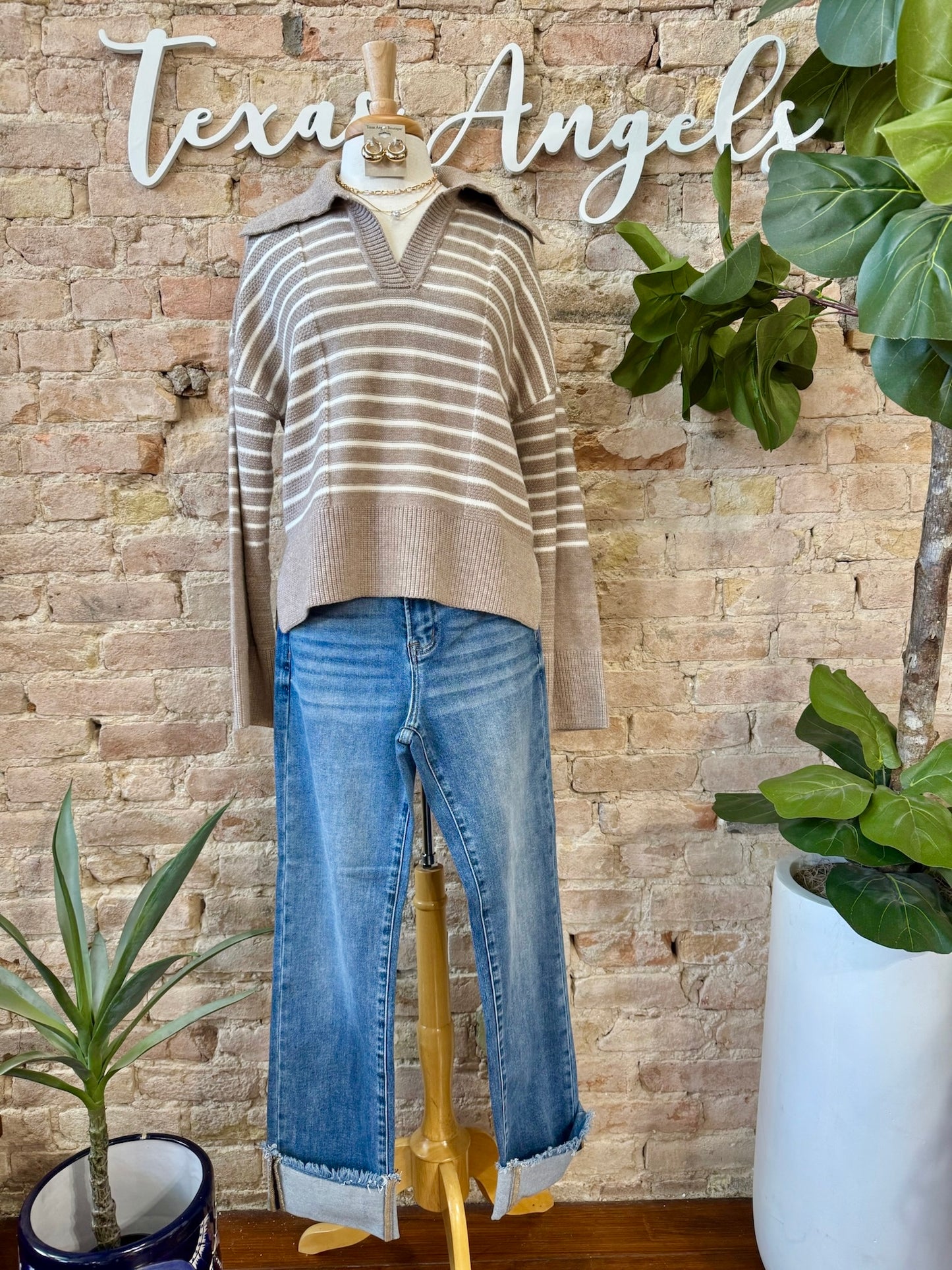 Life’s Too Short Taupe Striped Collared Sweater