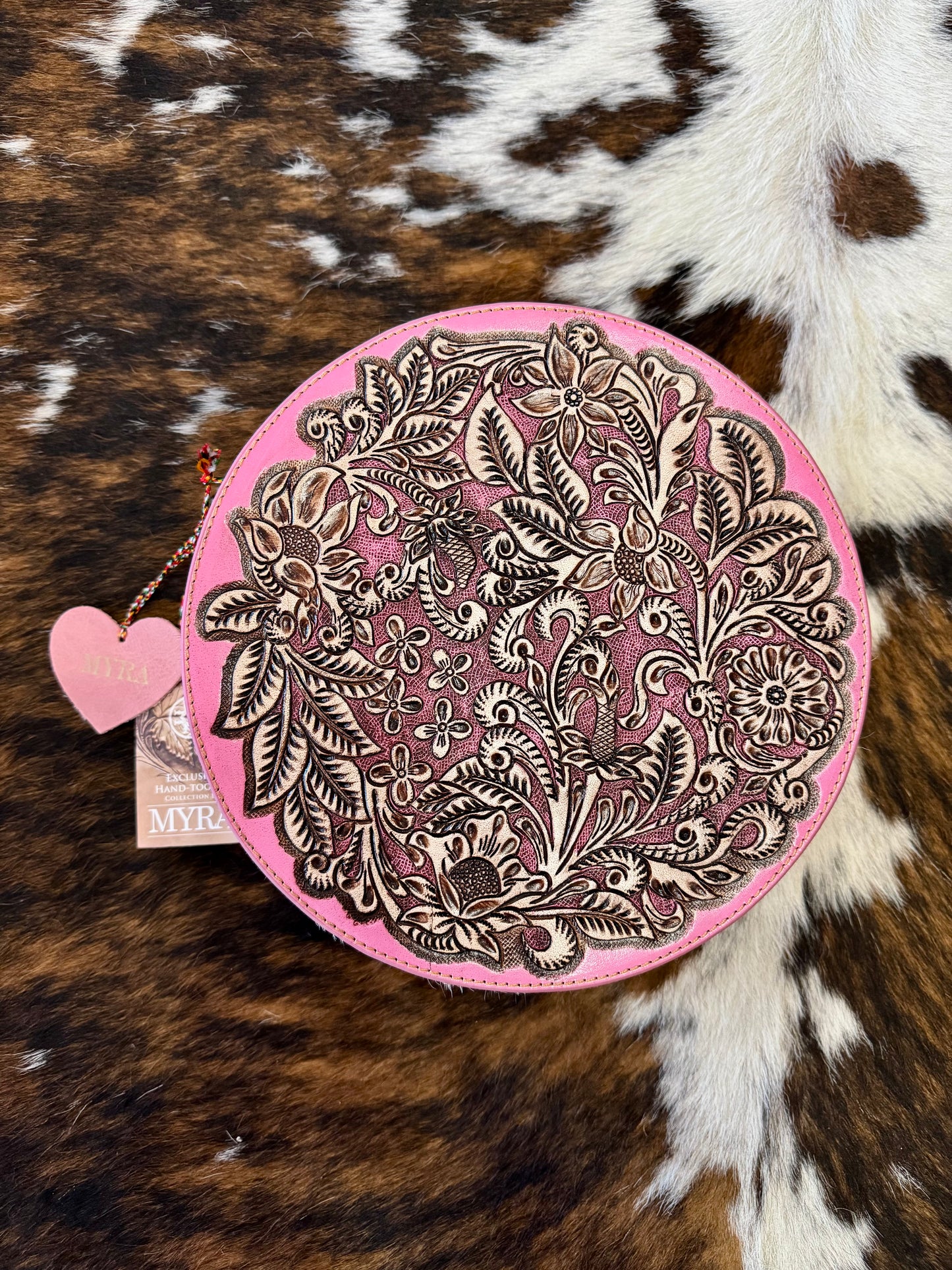 MYRA Circle Tooled Leather Pink Jewelry Box