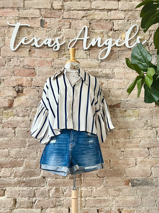 A Sweet Surprise Navy Striped Satin Blouse