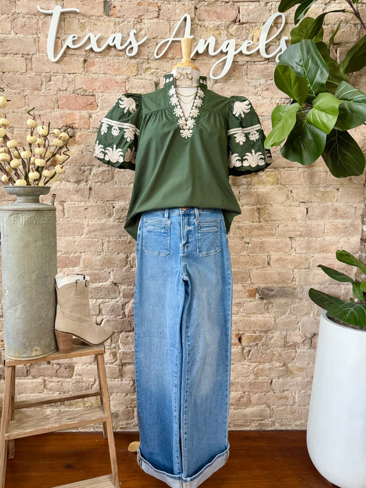 Enjoy Every Bit Dark Green Embroidered Blouse