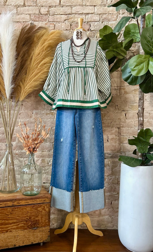 Falling Into Place Green Striped Blouse