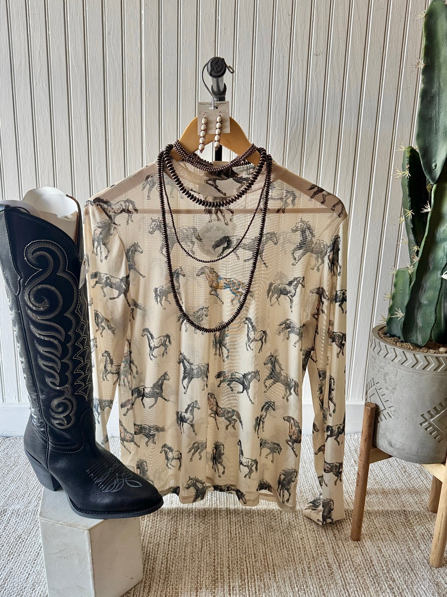 Hang In There Cowboy Horse Mesh Top