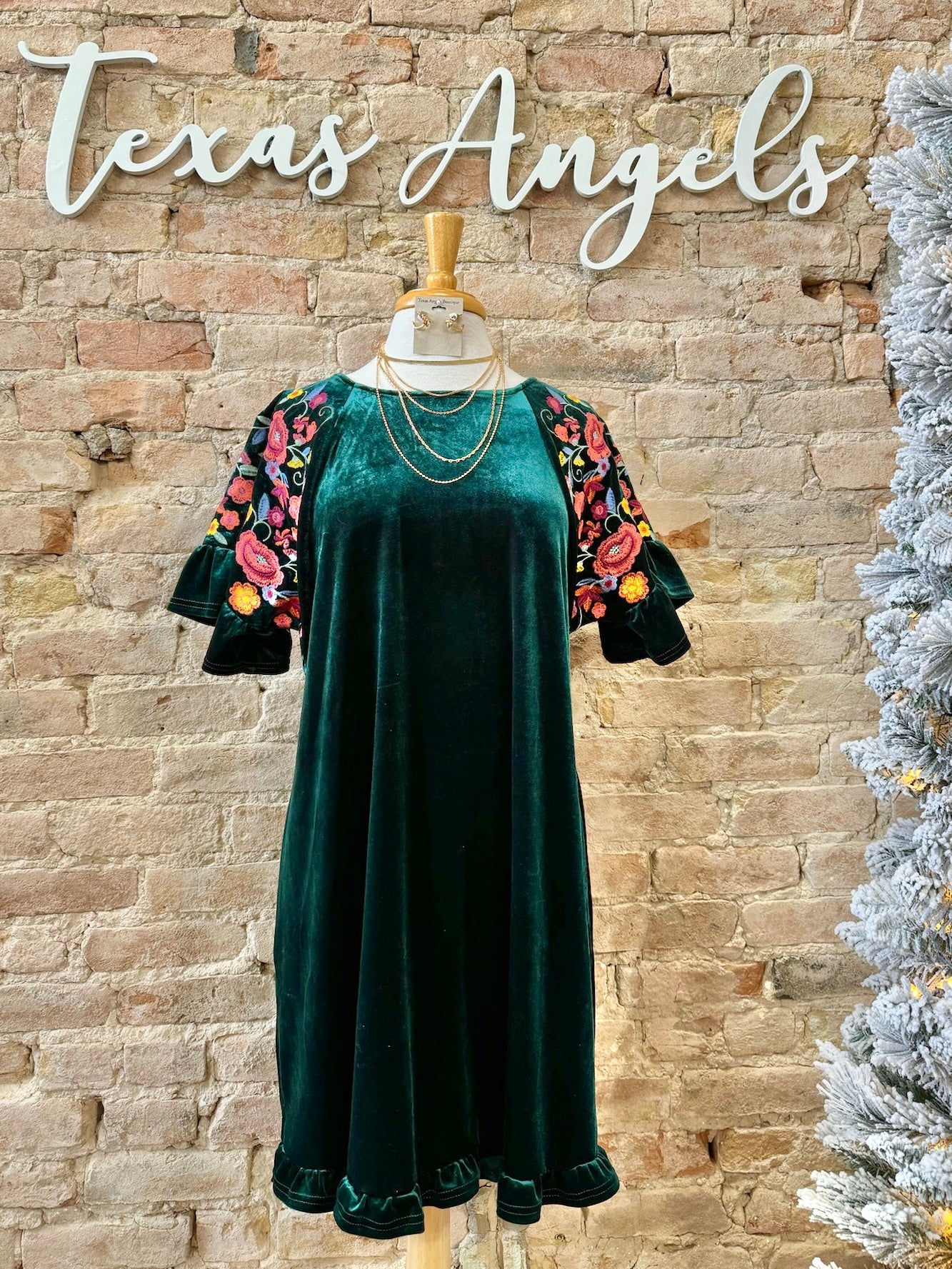 Head Over Heels Hunter Green Velvet Embroidered Dress