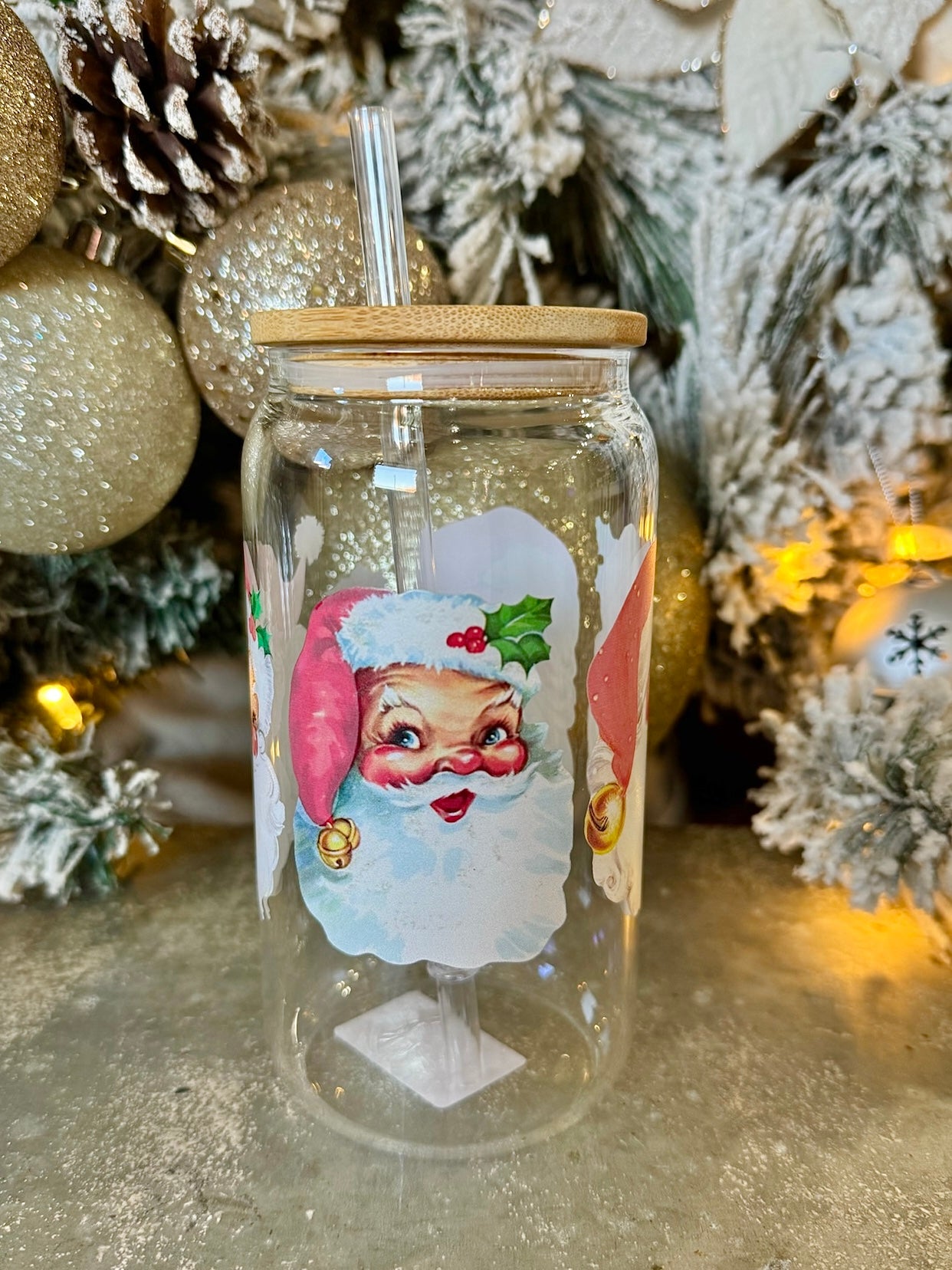 Vintage Pink Santa Glass Cup