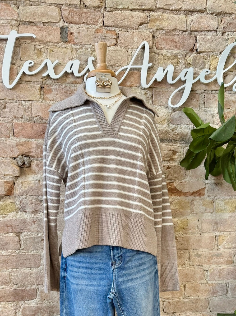 Life’s Too Short Taupe Striped Collared Sweater