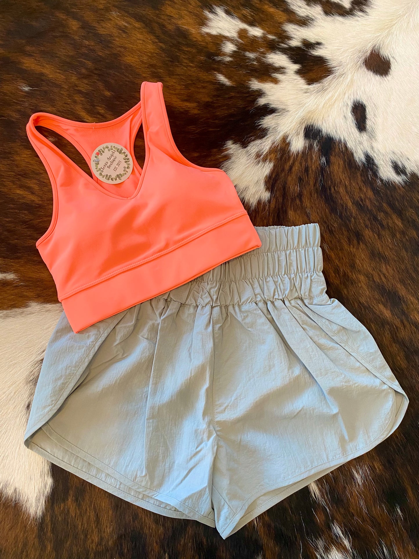 Neon Coral Sports Bra & Grey Shorts