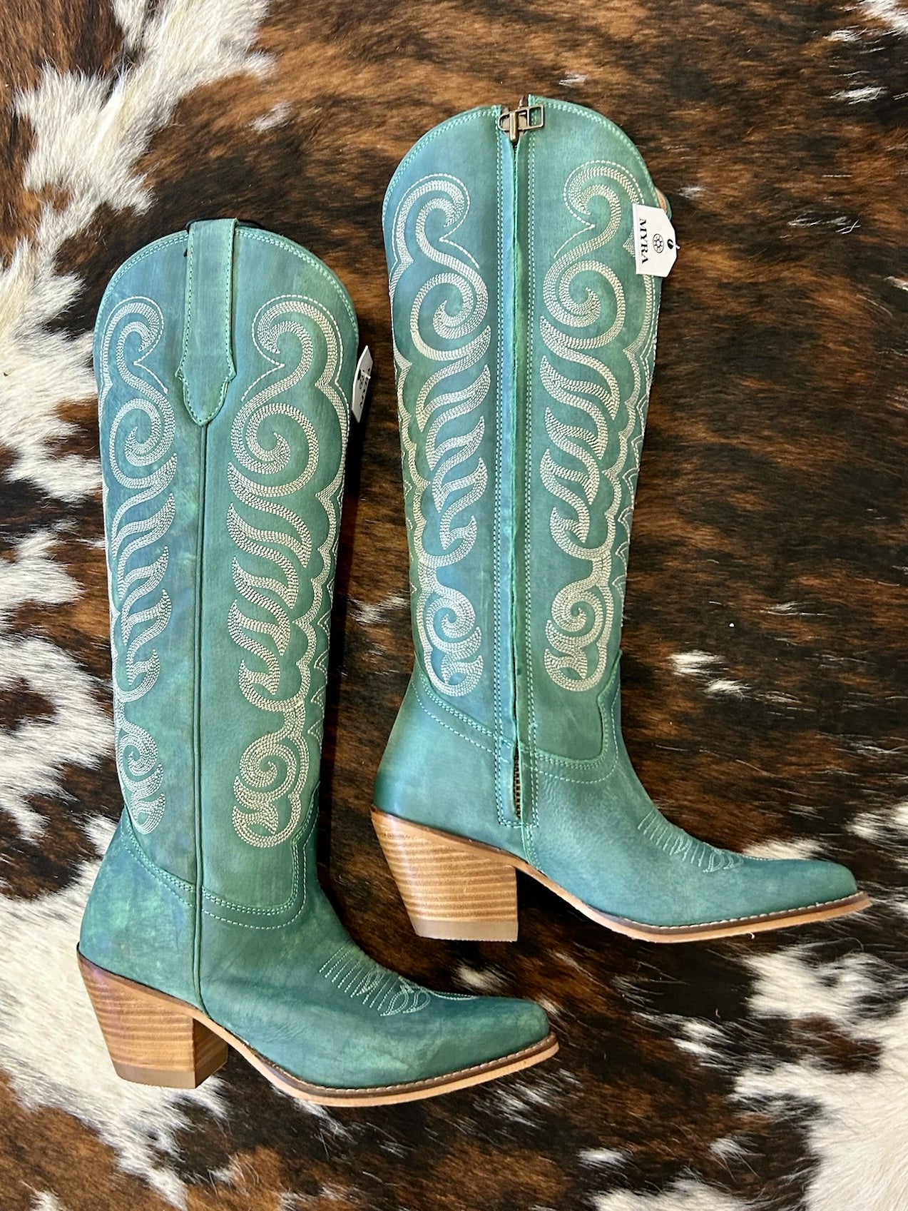 MYRA Teal Embroidered Leather Boots