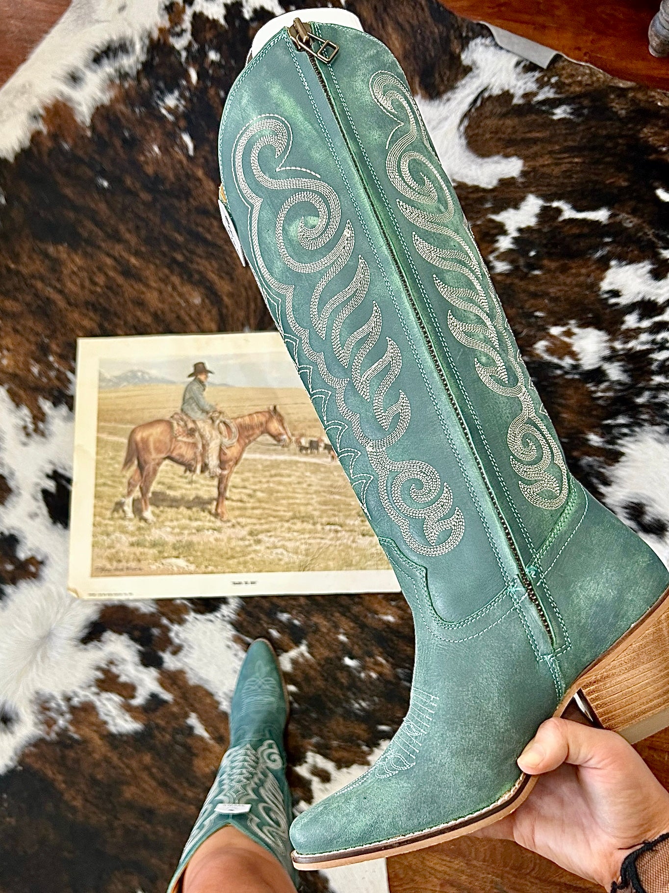 MYRA Teal Embroidered Leather Boots