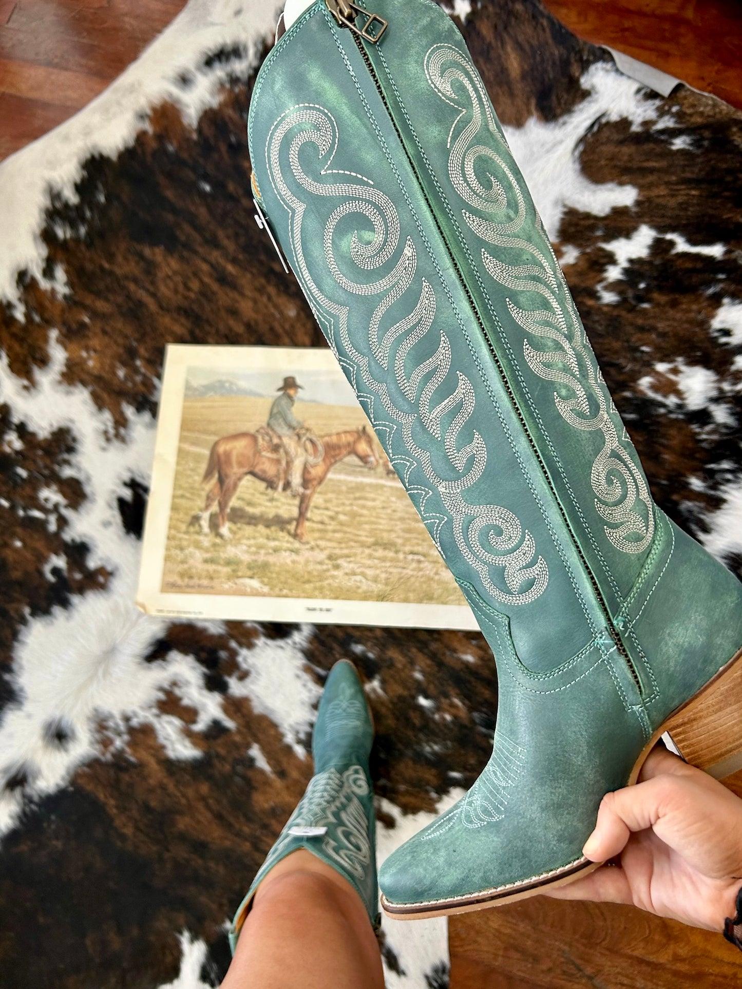 MYRA Teal Embroidered Leather Boots