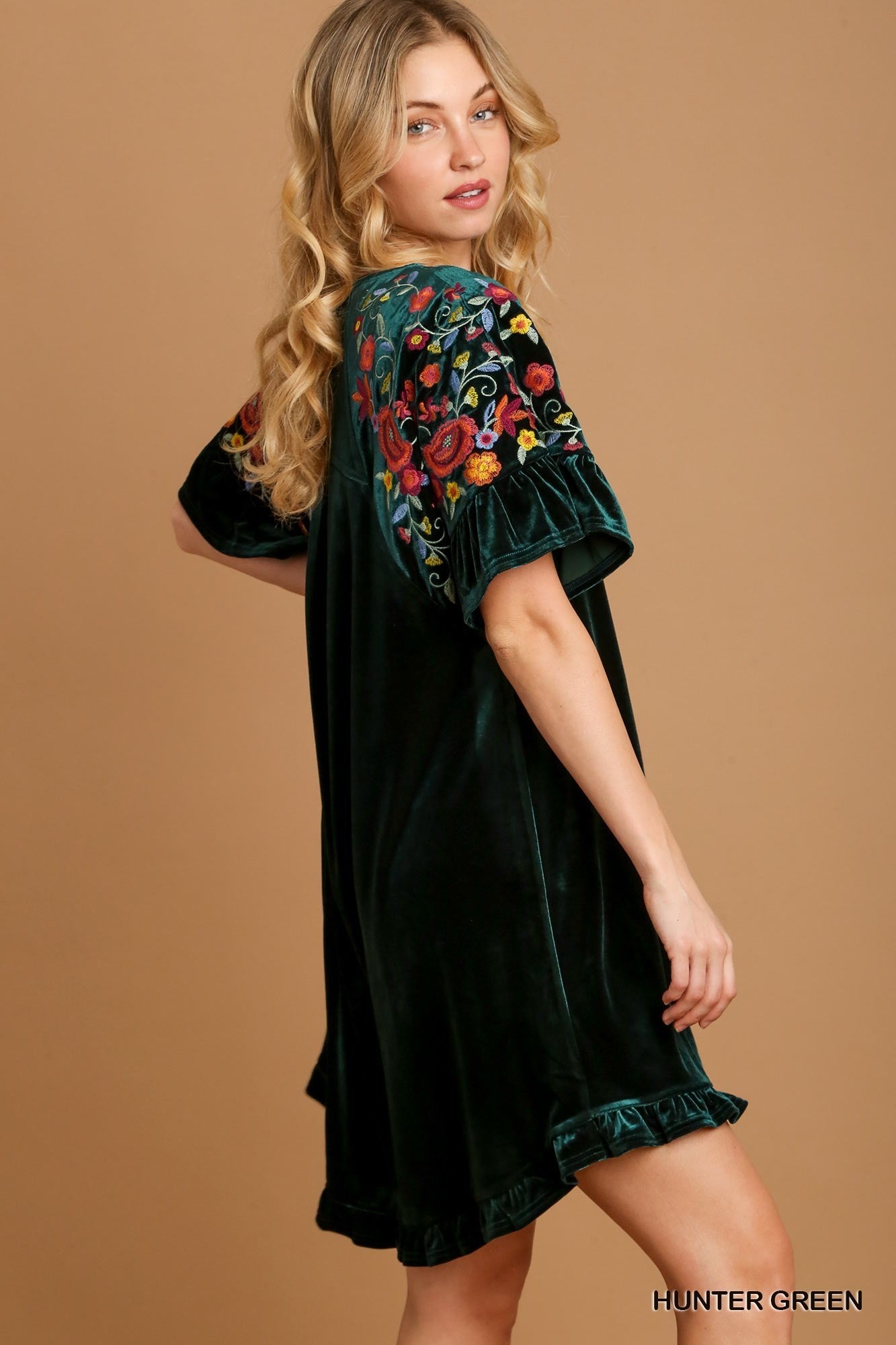 Head Over Heels Hunter Green Velvet Embroidered Dress