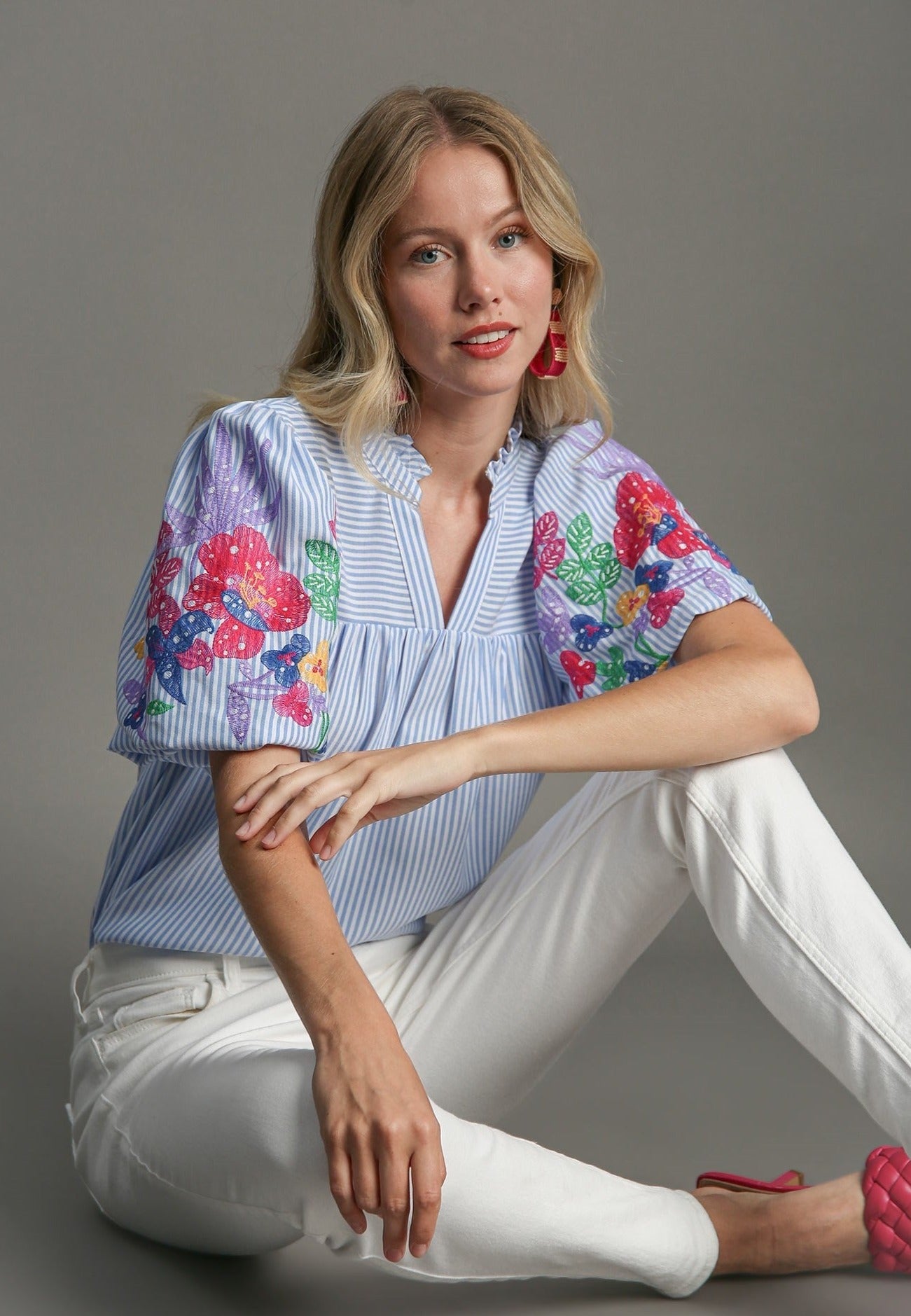 40% Off - Set Sail Blue Striped Embroidered Blouse