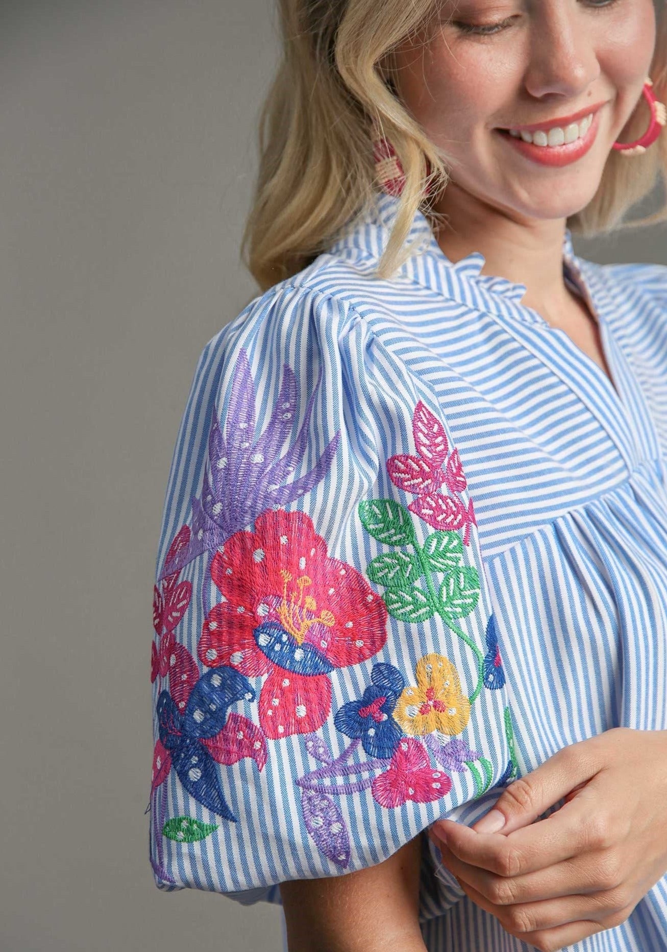 40% Off - Set Sail Blue Striped Embroidered Blouse