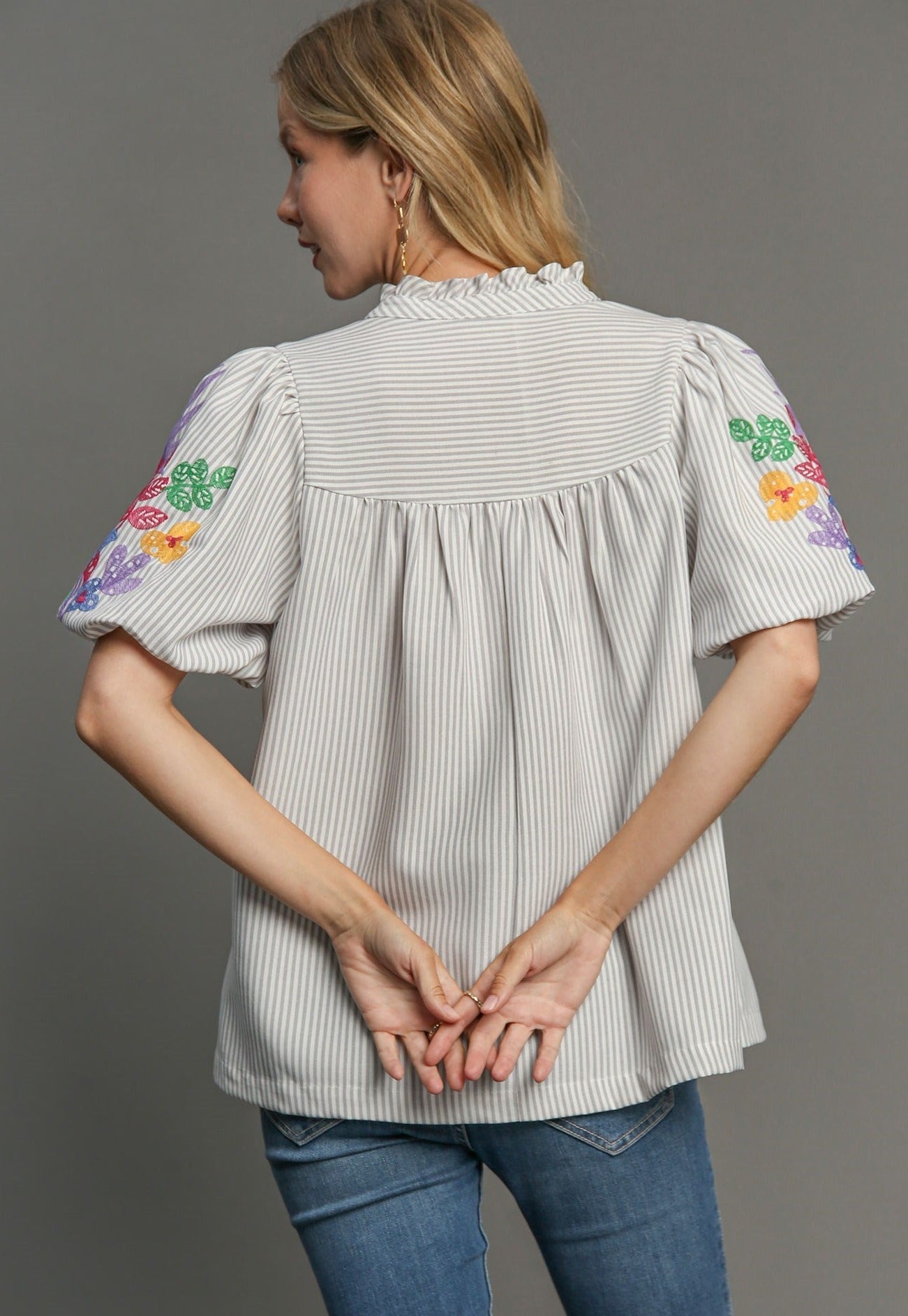 40% Off - Set Sail Grey Striped Embroidered Blouse